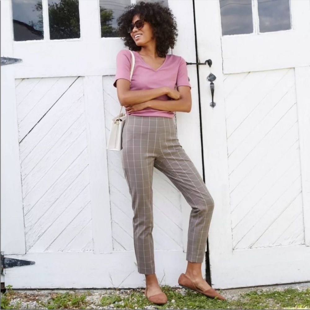 Taupe Grid Pattern Ankle Cropped Dress Pants - Picture 2 of 15